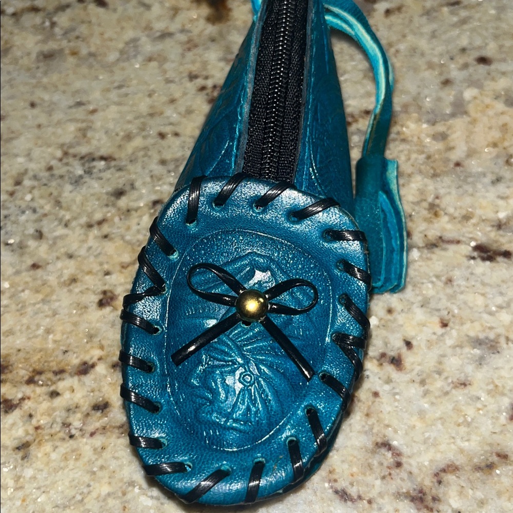 Teal Leather Moccasin Coin Purse with Tassel